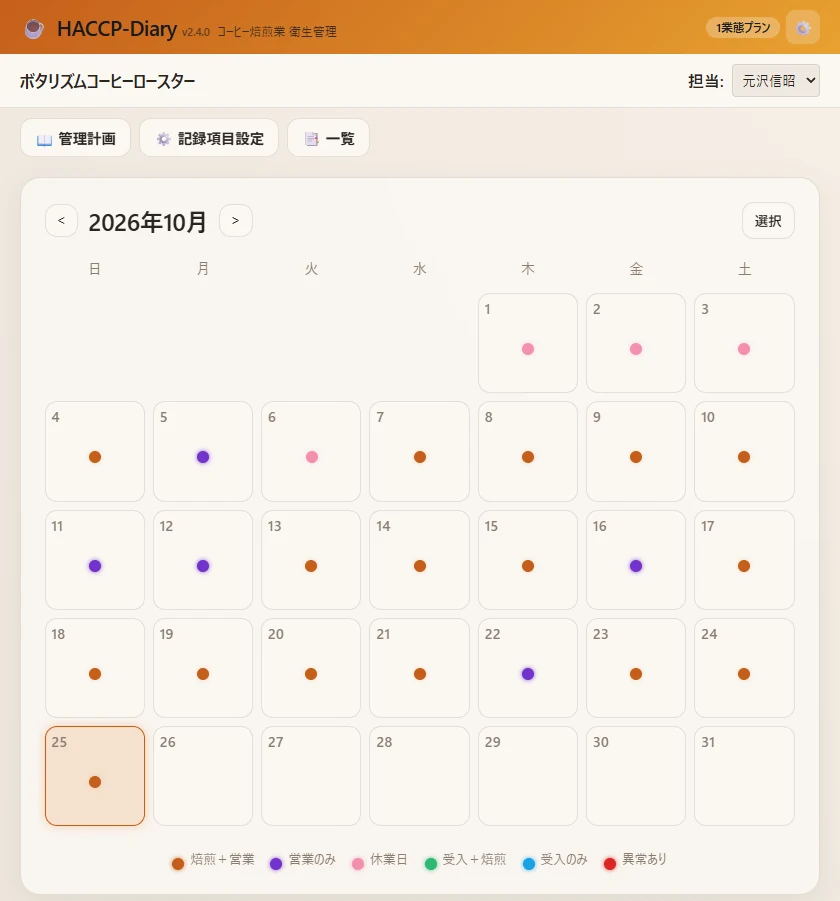 HACCP-Diary の記録カレンダー。2026年10月の日ごとの記録状況が色分けで並ぶ